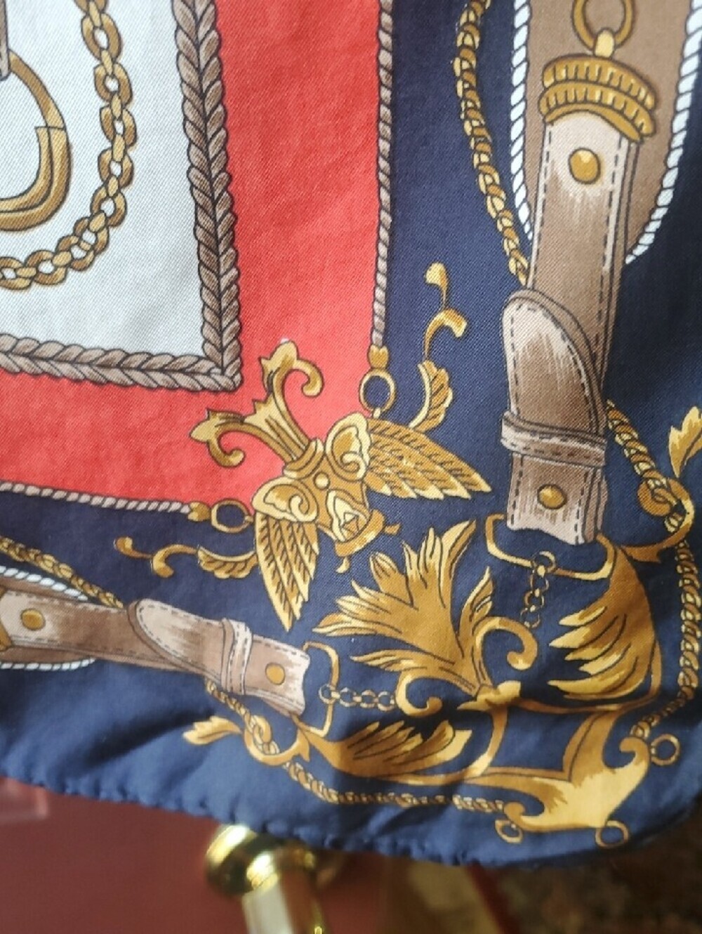 Decorative Equestrian Red and Navy Baroque Silk-Feel Scarf - Picture 6 of 7